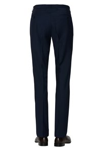 Marinefarbene Hosen mit tailliertem Schnitt, zwei Gesäßtaschen und einer glatten Textur. Abgeschlossen mit einem klassischen Taillenbund und dezenten Stickdetails.