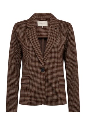 Bruin-beige geruite damesblazer met een reverskraag, enkele zwarte knoopsluiting en twee voorzakken met klep.