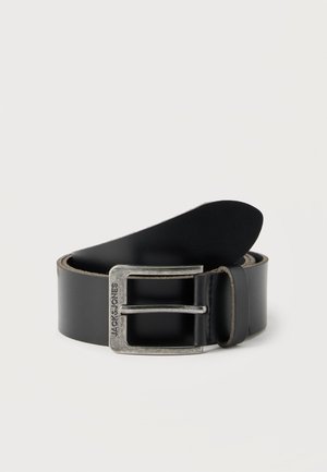 Black leather belt with silver rectangular buckle engraved with "JACK & JONES," rolled partially on a plain white background.