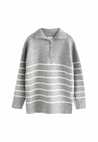 Pull en laine gris avec une fermeture éclair quart de zip, présentant des rayures horizontales blanches alternées, des poignets côtelés et un col texturé.