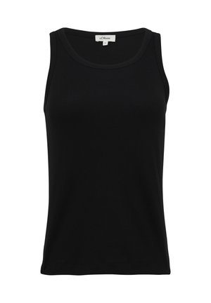 Black sleeveless tank top made from ribbed fabric, featuring a rounded neckline and minimal stitching, suitable for casual wear.