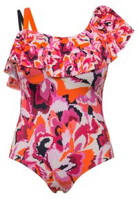 Yksiosainen uimapuku, jossa on kukkakuosi vaaleanpunaisena, oranssina ja mustana, röyhelöisellä olkaimella ja kontrastiväriset hihanauhat.