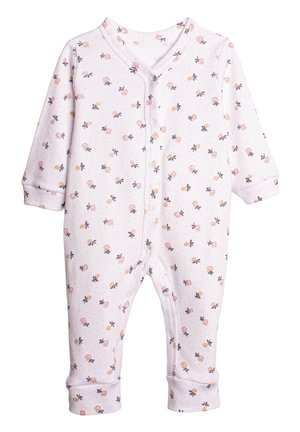 Biały body dla niemowląt z długim rękawem, ozdobione małymi różowymi i pomarańczowymi kwiatowymi wzorami oraz zatrzaskami z przodu i na nogawkach.