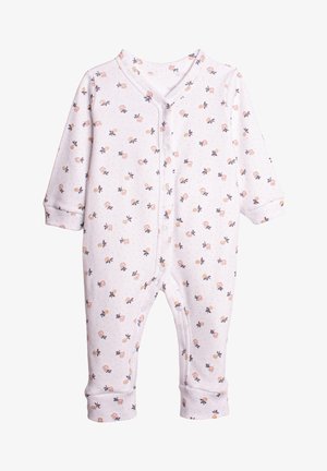 Biały body dla niemowląt z długim rękawem, ozdobione małymi różowymi i pomarańczowymi kwiatowymi wzorami oraz zatrzaskami z przodu i na nogawkach.