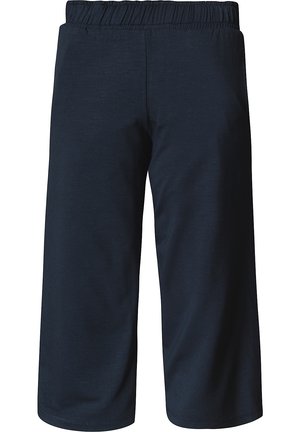 Granatowe szerokie spodnie capri z elastycznym pasem, do kolan, wykonane z miękkiego materiału, prezentowane z przodu na białym tle.