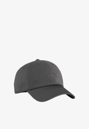 Harmaa baseball-lippis, jossa on teksturoitu kangas, kaareva lippa ja ommellut yksityiskohdat. Etupuolella on pieni logo.