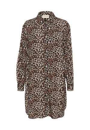 Leopard print shirt in lightweight fabric, featuring a button-up front, long sleeves, and a relaxed fit with a rounded hem.
