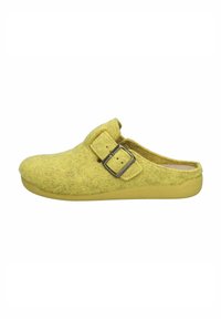 Zoccolo in felt giallo con punta arrotondata, cinturino regolabile con fibbia e superficie texture. Suola in gomma offre durata e comfort.