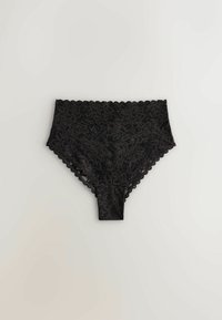 Black high-waisted women's underwear with floral lace design and scalloped edges, laid flat on a light background.