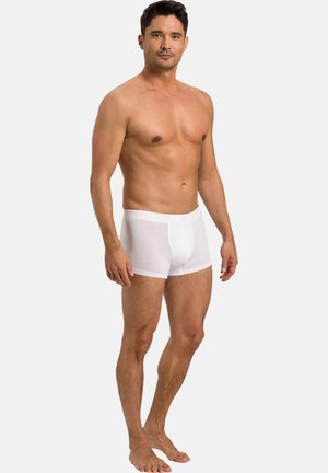 Uomo senza maglietta in piedi a piedi nudi, indossa boxer aderenti bianchi su sfondo grigio chiaro uniforme.