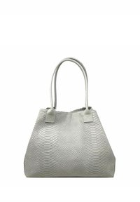 Grå pythonpræget tote bag med to skulderstropper, der har en struktureret form og tekstureret overflade. Ingen ekstra hardware eller accenter.