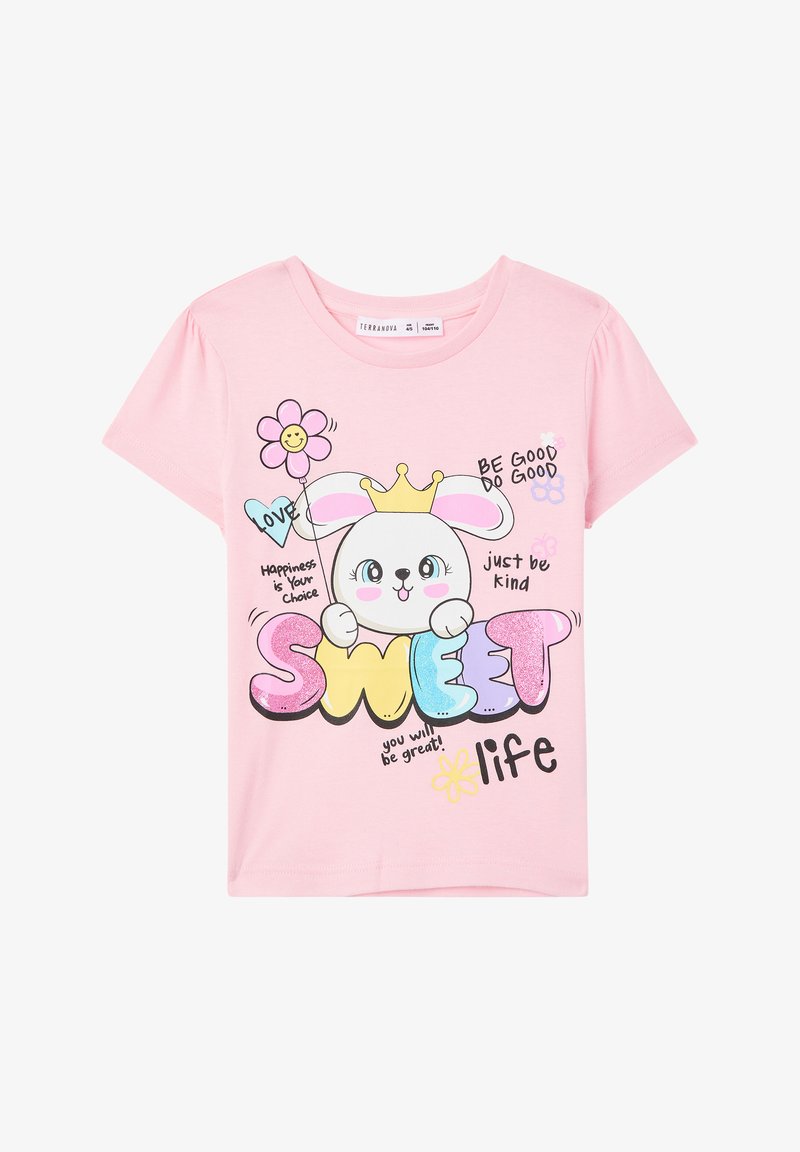 T-shirt di cotone rosa chiaro con un coniglio dei cartoni animati con una corona, testo colorato che dice "SWEET life", grafiche di fiori e palloncini.