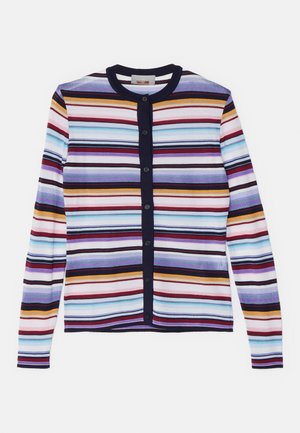 Multicolored striped cardigan with long sleeves, navy trim, and front button closure. Made of a lightweight knit fabric. Features various colors.