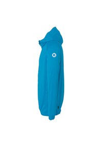 Blauwe softshell jas met een capuchon, lange mouwen en zijzakken, met een logo op de linker mouw. Glad textuur, atletische snit.