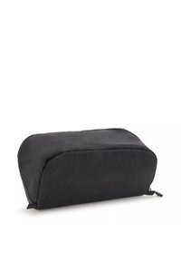 Borsa cosmetica in tessuto nero con una superficie liscia, forma rettangolare e chiusura con zip. Presenta angoli arrotondati per un design moderno.