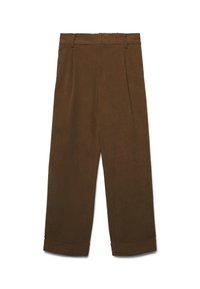 Pantalons larges en velours côtelé marron avec passants de ceinture, plis avant et ourlets retroussés sur fond blanc.