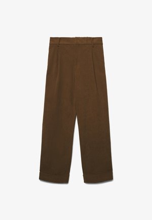 Brown wide-leg corduroy trousers with belt loops, front pleats, and cuffed hems on a white background.