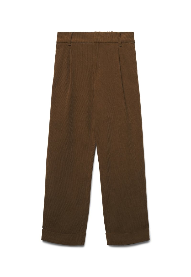 Pantalons larges en velours côtelé marron avec passants de ceinture, plis avant et ourlets retroussés sur fond blanc.