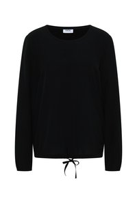Zwarte longsleeve top met ronde halslijn, verstelbaar koord aan de onderkant en een zachte, gladde stofstructuur. Minimalistisch ontwerp.