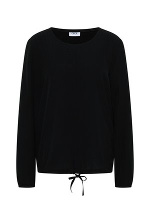 Zwarte longsleeve top met ronde halslijn, verstelbaar koord aan de onderkant en een zachte, gladde stofstructuur. Minimalistisch ontwerp.