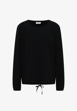 Haut noir à manches longues avec un col rond, cordon de serrage réglable à l'ourlet et texture de tissu douce et lisse. Design minimaliste.