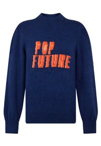Pull en maille bleu avec un col montant et des manches longues. "POP FUTURE" est affiché en grand en orange sur le devant.