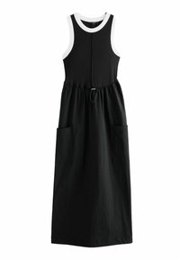 Schwarzes ärmelloses Kleid mit einem runden weißen Saum am Ausschnitt. Verfügt über einen elastischen Taillenbund, zwei vordere Taschen und eine lockere Passform bis zum Knöchel.