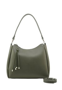 Green leather handbag with a curved shape, featuring a front tassel detail and a detachable strap. Smooth texture and subtle branding.
