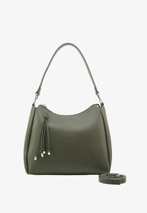 Grüne Ledertasche mit geschwungener Form, versehen mit einer Quastenverzierung an der Vorderseite und einem abnehmbaren Riemen. Glatte Textur und dezente Markenkennzeichnung.