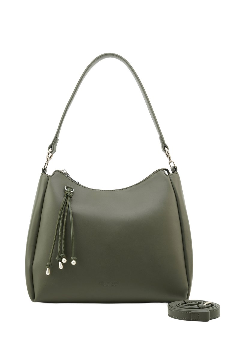 Green leather handbag with a curved shape, featuring a front tassel detail and a detachable strap. Smooth texture and subtle branding.