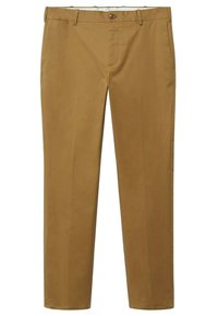 Chinos slim fit kaki avec passants de ceinture, fermeture à boutons sur le devant et poches latérales, présentés à plat sur fond blanc.