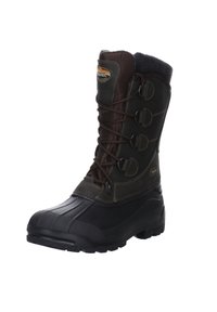 Schwarzer wasserdichter Winterstiefel mit einem gepolsterten oberen Teil aus Braun, Schnürdesign und strukturiertem Gummisohle für besseren Halt. Verfügt über Nähte und Logodetails.