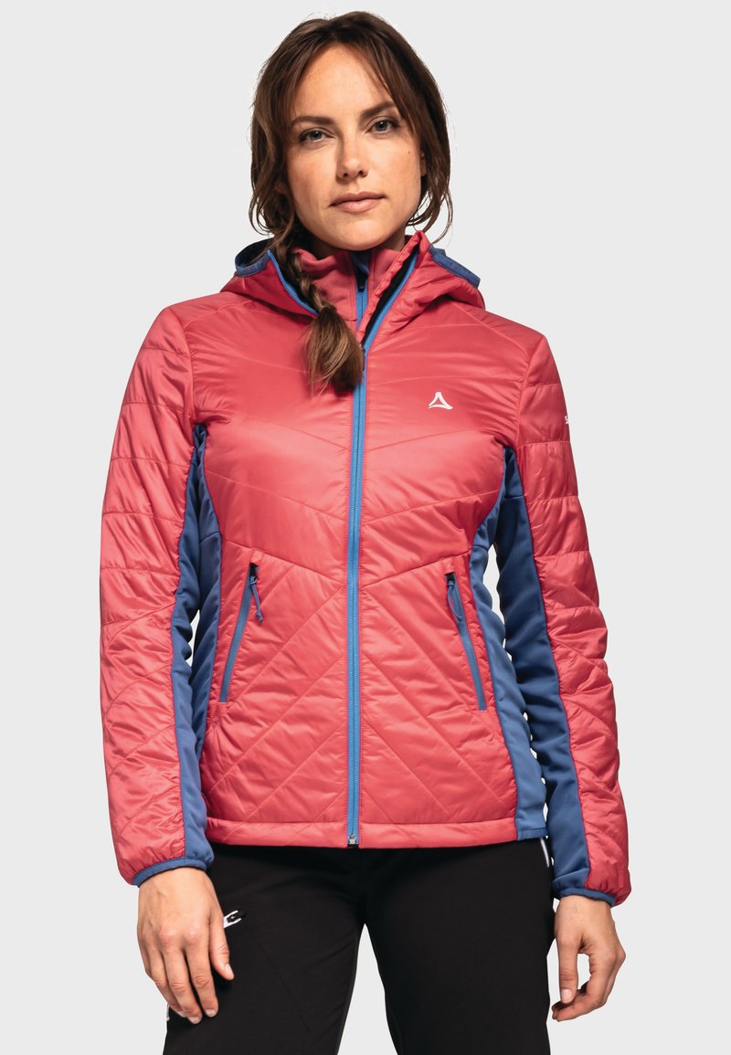 Gestepptes Jackett in Pink und Blau mit Kapuze, vorderem Reißverschluss, Seitentaschen und kontrastierenden Akzenten. Leicht und für Wärme konzipiert.