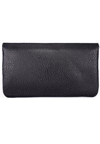 Black leather clutch with a textured surface and a slim, rectangular shape. Smooth edges with no visible hardware or embellishments.