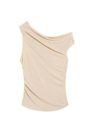 Haut sans manches ruched beige à une épaule avec un décolleté drapé, conçu pour un look ajusté et élégant.