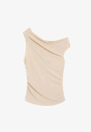 Haut sans manches ruched beige à une épaule avec un décolleté drapé, conçu pour un look ajusté et élégant.