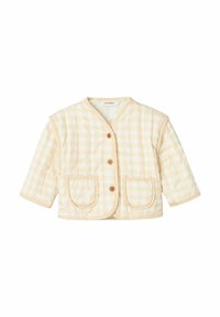 Giacca imbottita con un motivo a quadri giallo chiaro e bianco, con tre bottoni in legno, un colletto rotondo e due tasche frontali.