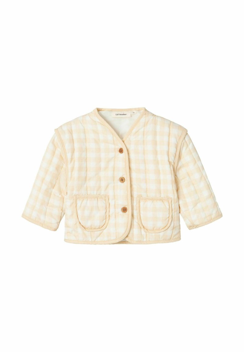 Giacca imbottita con un motivo a quadri giallo chiaro e bianco, con tre bottoni in legno, un colletto rotondo e due tasche frontali.