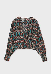 Blouse courte à manches longues avec col en V et taille élastique, dotée d'un motif géométrique multicolore en sarcelle, marron et crème.