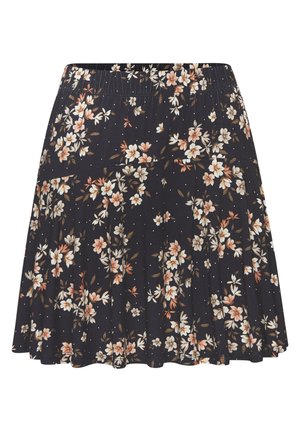 Schwarzer Faltenrock mit elastischem Bund, verziert mit weißem und pfirsichfarbenem Blumenmuster sowie kleinen weißen Punkten.