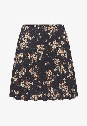 Schwarzer Faltenrock mit elastischem Bund, verziert mit weißem und pfirsichfarbenem Blumenmuster sowie kleinen weißen Punkten.