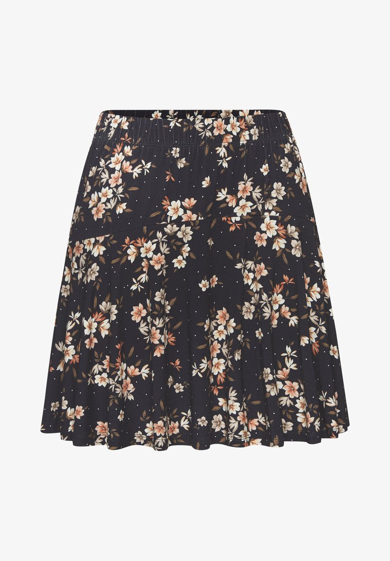 Black pleated skirt with elastic waist, decorated with white and peach floral print and small white polka dots.