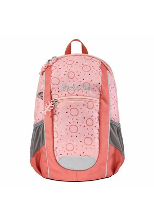 Pink backpack with circular patterns in various colors, featuring a front zip pocket, gray side mesh pocket, and accent hardware.