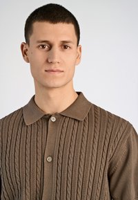 Rudas megztas polo marškinėlis su tekstūruotu kabelio raštu, turintis apykaklę ir du mygtukus prie kaklo. Vienoda fono spalva.