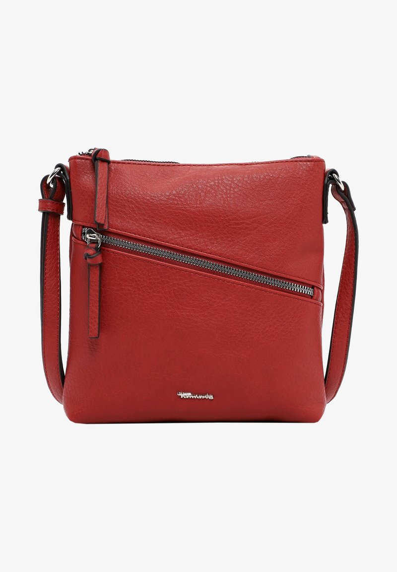Borsa a tracolla rossa in pelle con una finitura testurizzata, dotata di tasca con zip diagonale e una cinghia regolabile elegante. Accenti in metallo argentato.