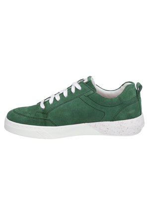 Green suede sneaker with white laces, textured side panels, and a speckled white rubber sole. Rounded toe and pull tab at the heel.