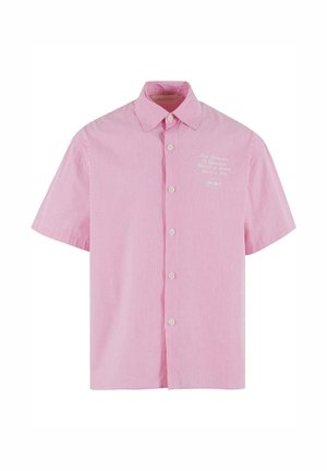 Kurzärmliges, kragenloses Hemd in hellrosa mit weißen vertikalen Streifen. Verfügt über eine Knopfleiste und bestickte Details auf der Brust.