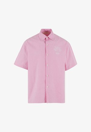 Kurzärmliges, kragenloses Hemd in hellrosa mit weißen vertikalen Streifen. Verfügt über eine Knopfleiste und bestickte Details auf der Brust.