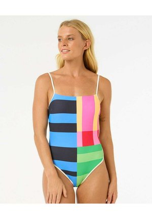 Multicolored badpak met dunne bandjes; heeft gedurfde geometrische kleurvlaktes in blauw, roze, groen en zwart. Zachte, gladde textuur.