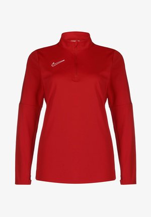 Red long-sleeve pullover top with a stand collar and half zip. Features a white Nike logo on the chest. Smooth, lightweight fabric.